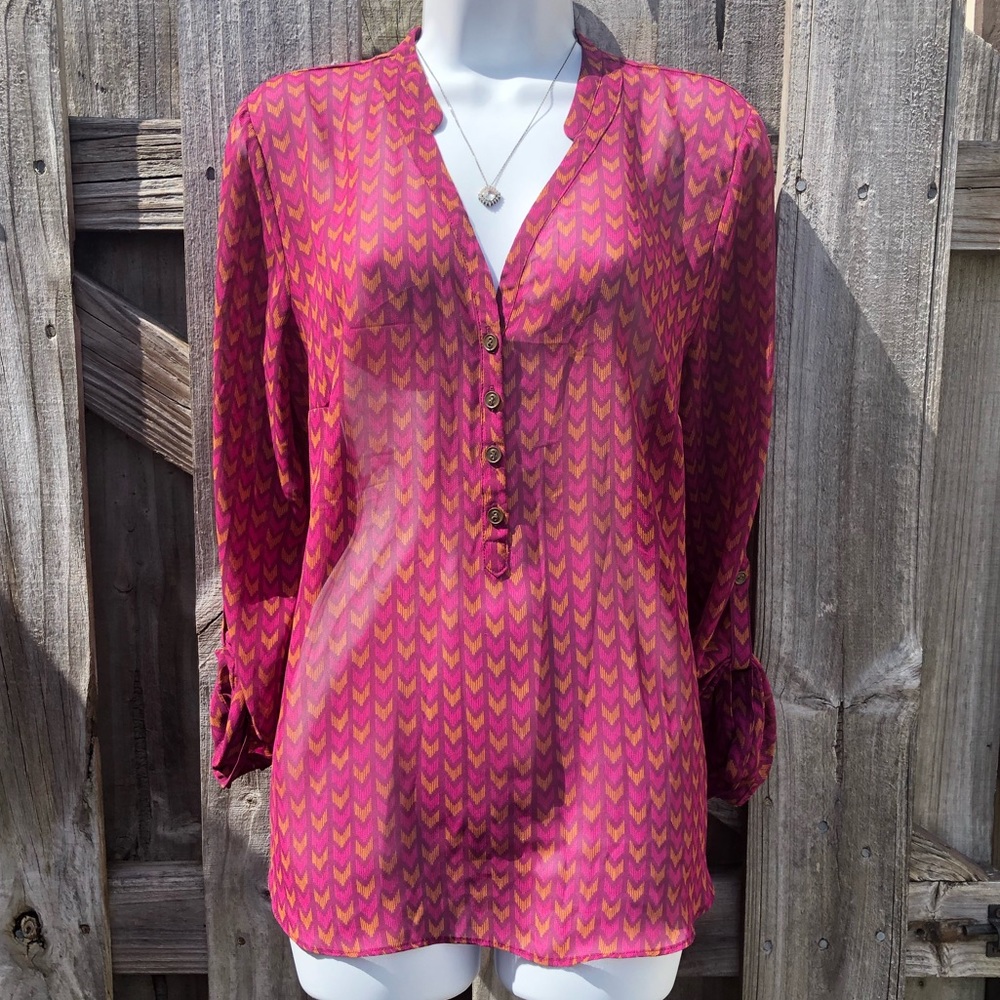 ANA Long Sleeve Top LARGE Pink & Orange Sheer 💗